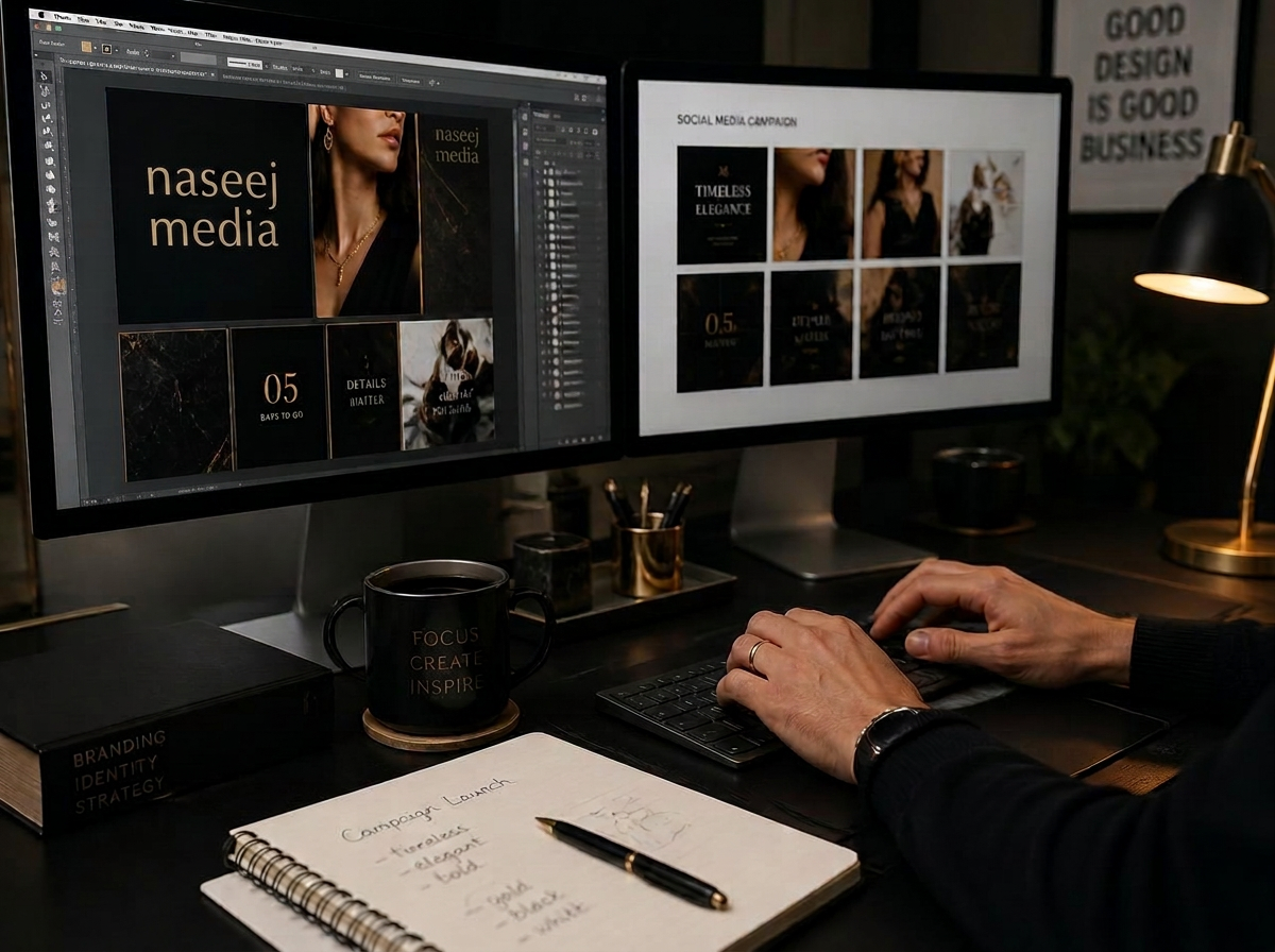 Designer building a social media campaign layout on screen