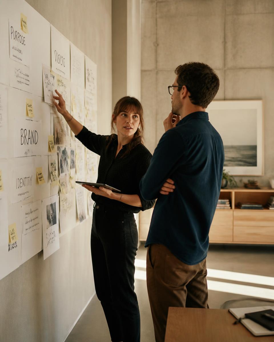 Two strategists mapping brand positioning on a wall of notes
